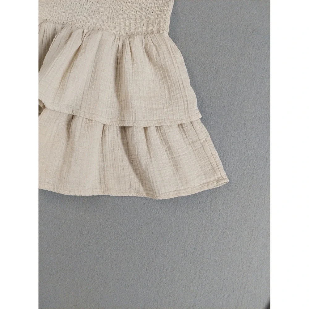 Universal Women Mini Skirt XS Beige 100% Cotton Tiered Ruffle Smocked Waist Boho
